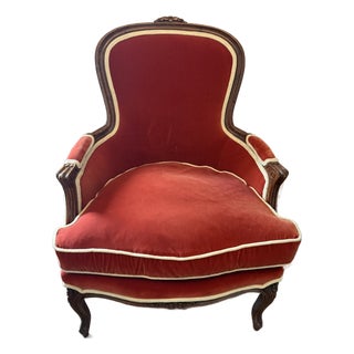 Late 20th Century Henredon French Provincial Rust Velvet Armchair With Contrasting Welt & Down Cushion For Sale
