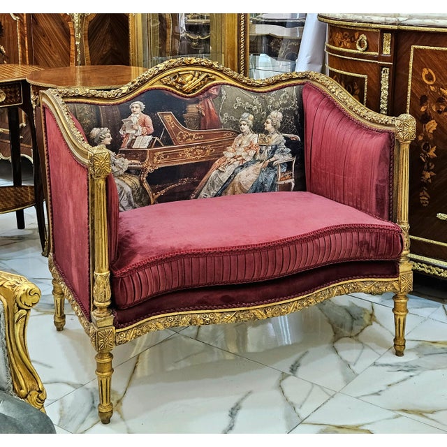 French The Burgundy Salon – French Louis XVI-Inspired Settee With Velvet Upholstery, Gilded Frame & Painted Backrest For Sale - Image 3 of 4