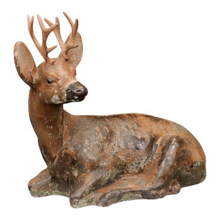 Vintage American Concrete Reclining Deer Sculpture with Iron Antlers and Patina For Sale