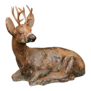 Vintage American Concrete Reclining Deer Sculpture with Iron Antlers and Patina