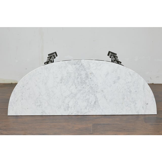 English Midcentury Demilune Table with Ebonized Bamboo Base, White Marble Top For Sale - Image 4 of 12