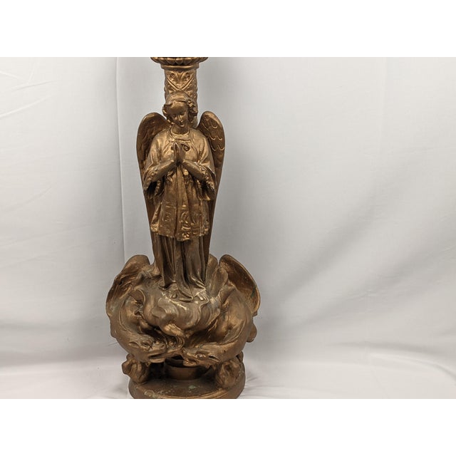 Gold Monumental Gothic Revival Angel Pedestal Candleholder With Mythological Dragon Base For Sale - Image 8 of 16