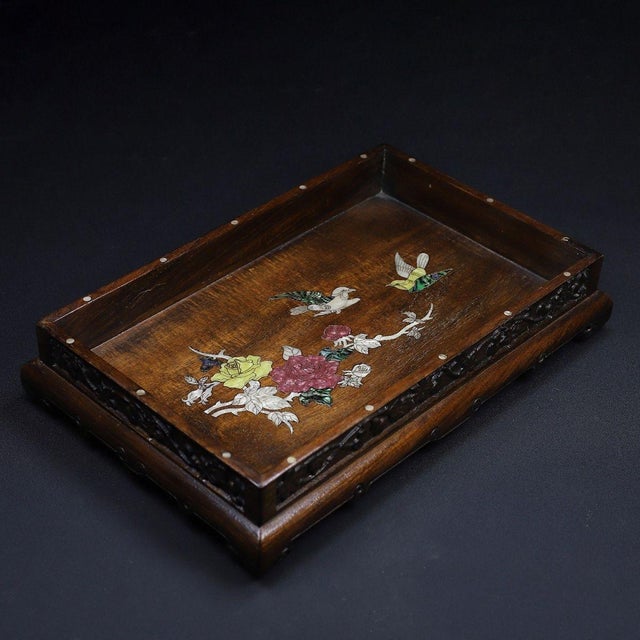 Wooden Tea Tray With Mother-of-Pearl Floral and Bird Inlay For Sale - Image 4 of 10