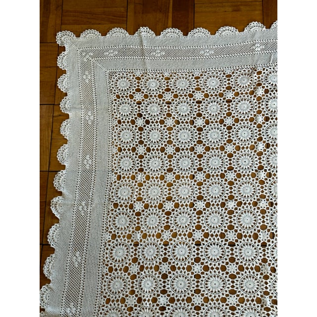 Vintage Handmade Crochet Coverlet Throw Blanket or Tablecloth Cottagecore Home Decor For Sale - Image 4 of 12