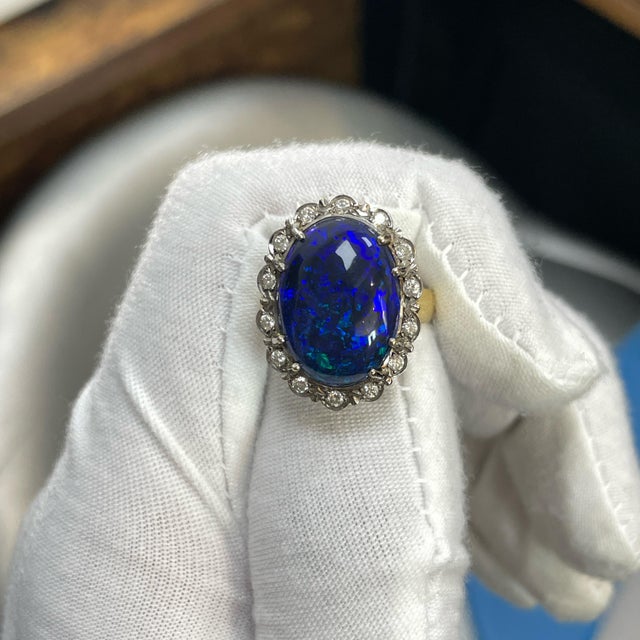 Mid 20th Century 18k Yellow/White Gold Oval Cut Center Opal and Diamond Halo Ring, Size 6.25 For Sale - Image 11 of 11