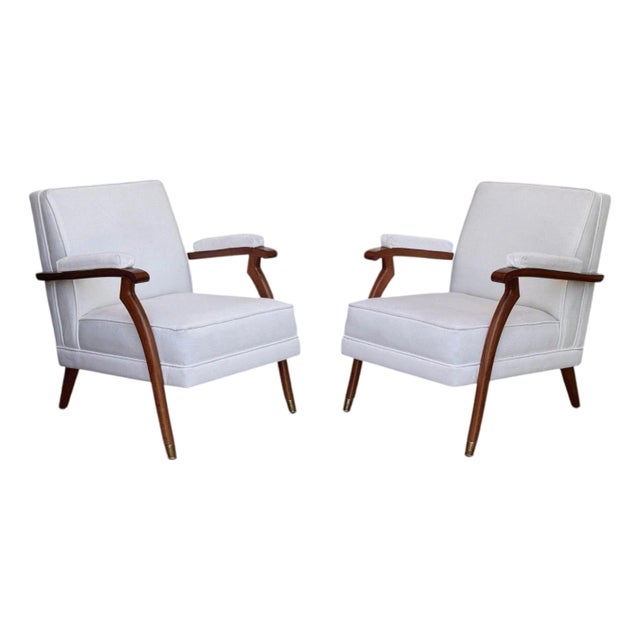 Maison Leleu Style, French Modern, White Mohair, Wood, Lounge Chairs, 1970s For Sale
