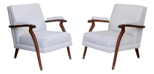 Maison Leleu Style, French Modern, White Mohair, Wood, Lounge Chairs, 1970s