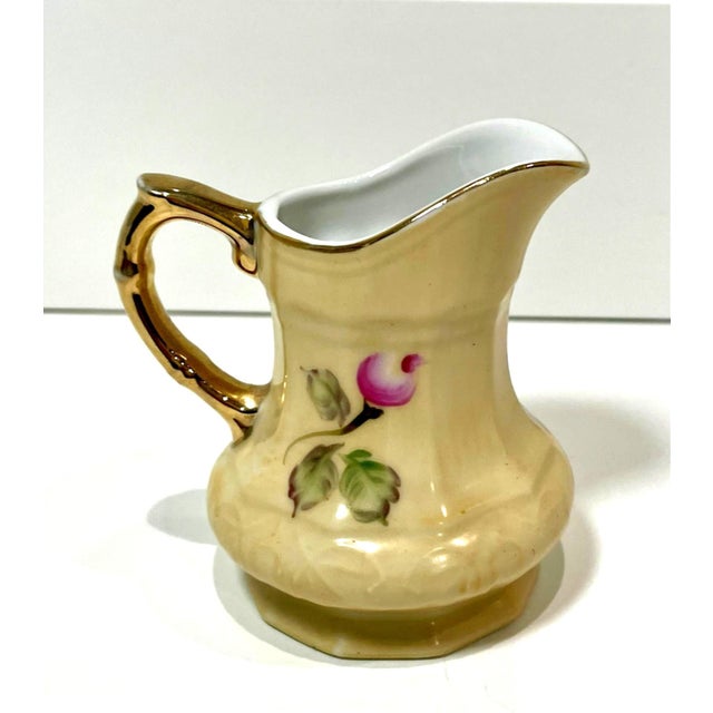 Vintage Lefton China hand-painted heritage-rose porcelain creamer pitcher with gold-trimmed handle and top. This pitcher...