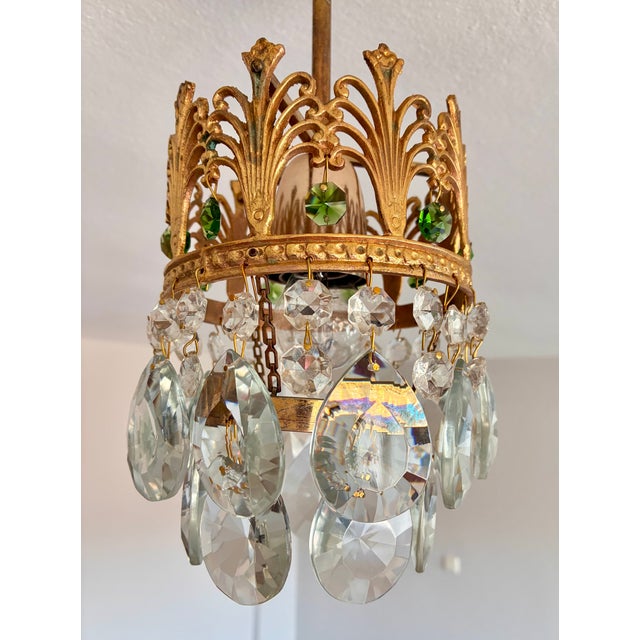 Vintage Small Brass & Emerald Green Crystal Crown Flush Mount – 1 Light For Sale - Image 13 of 18