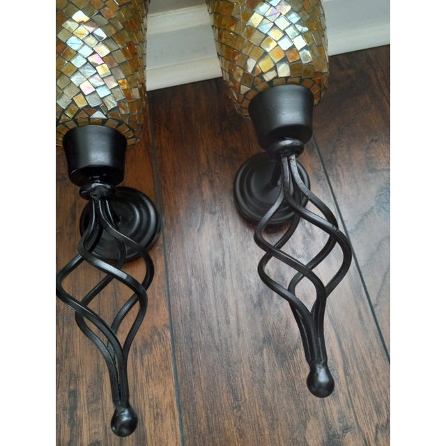 Vintage Metal and Amber Color Mosaic Glass Candle Wall Sconces- a Pair For Sale In Raleigh - Image 6 of 12
