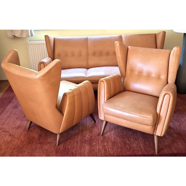 Mid-Century Modern Wingback Living Room Set in Leather, 1950s, Set of 3 For Sale - Image 3 of 14