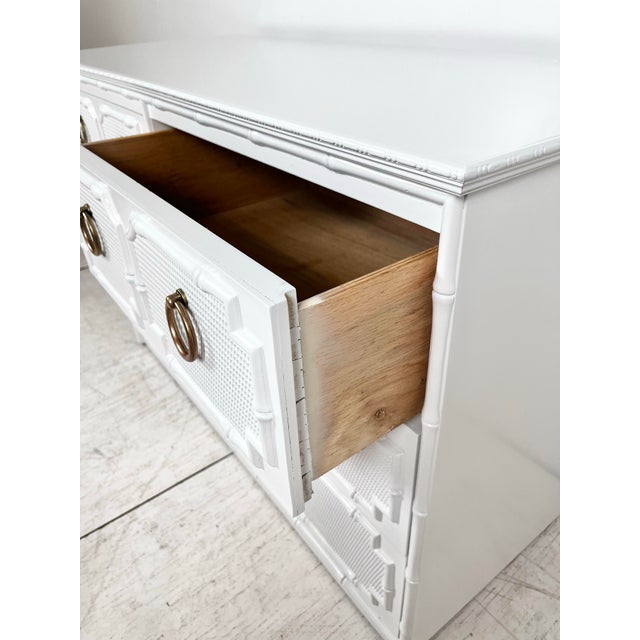 Wood Vintage Lacquered Omega Faux Bamboo Chest of Drawers Dresser For Sale - Image 7 of 12
