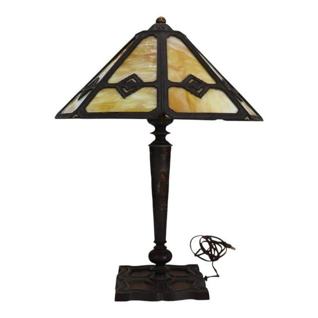 Antique Bradley & Hubbard Arts & Crafts 8-Panel Slag Glass Table Lamp C1920 For Sale - Image 10 of 12