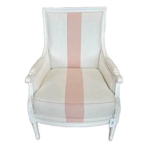 Custom French Armchair in White With Pink Center Stripe For Sale