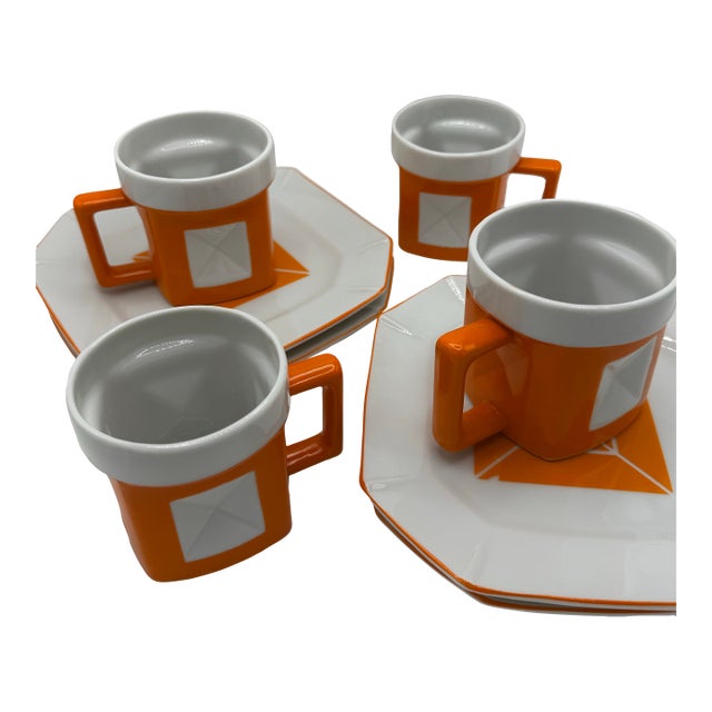 1950s Mid-Century Modern Trend by Nasco Geometric Orange and White Ceramic Mug and Saucer Set - 9 pcs For Sale