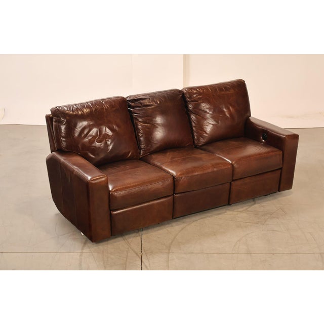 High Quality Italian Brown Leather Three-Seat Sofa, Featuring Two Power Reclining Seats and Wide Track Arms