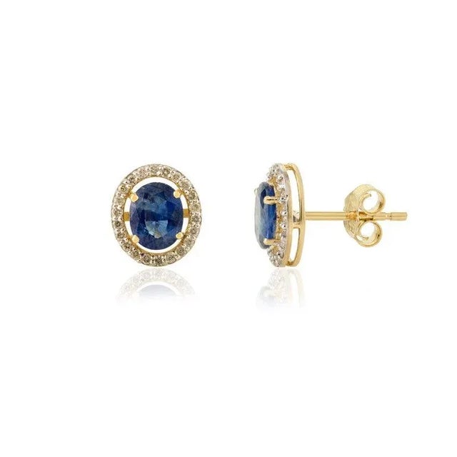 Art Deco 1.25ct Oval Cut Blue Sapphire Diamond Halo Statement Stud Earrings in 14k Gold- A Pair For Sale - Image 3 of 9