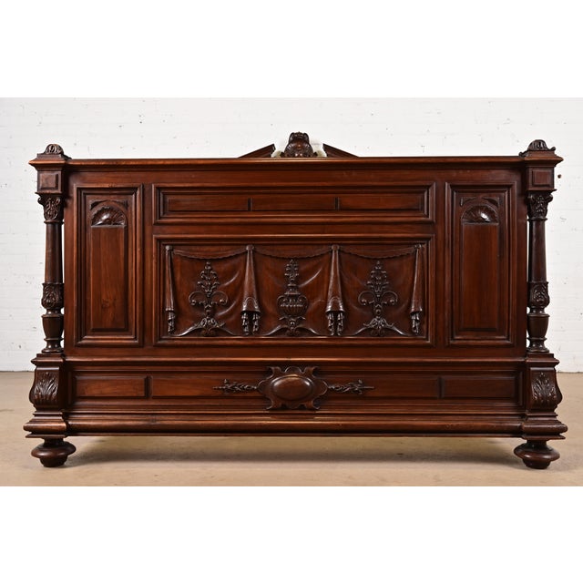 Brown Antique French Renaissance Revival Carved Walnut Full Size Bed, Circa 1880s For Sale - Image 8 of 9