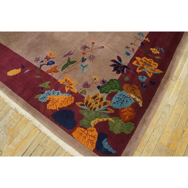 1920s Mauve Open Field Floral Antique Chinese Art Deco Rug by Nichols Workshop For Sale - Image 11 of 11
