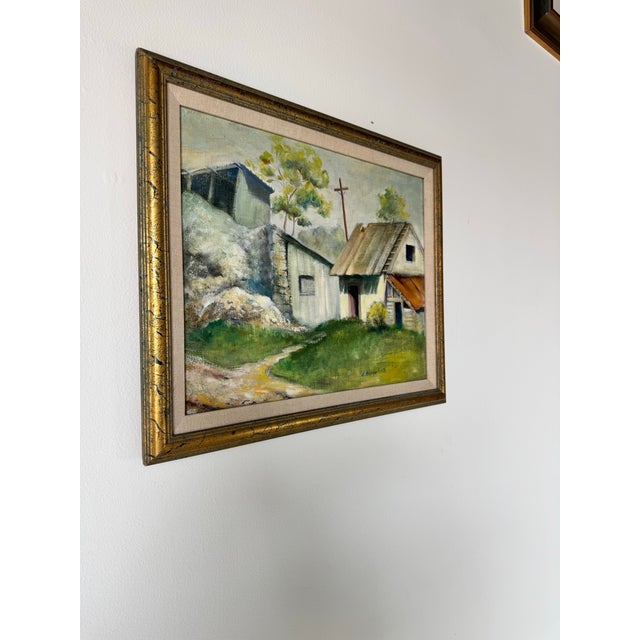 This charming oil on canvas painting, signed by American artist Edward Hergelroth and dated 1948, captures a rustic...