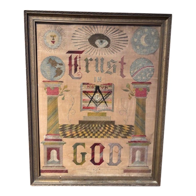 American Masonic Needlework With Original 19th-Century Frame and Glass C. 1880s For Sale