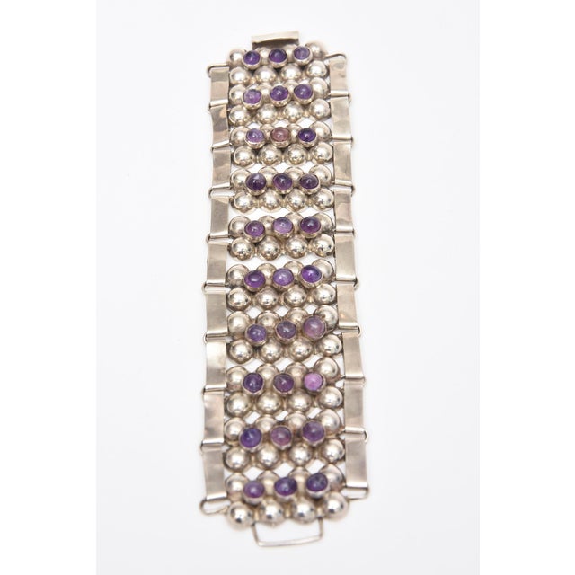 Mid-Century Modern Vintage Sterling Silver Cuff Bracelet With Amethyst, 1950's For Sale - Image 3 of 8