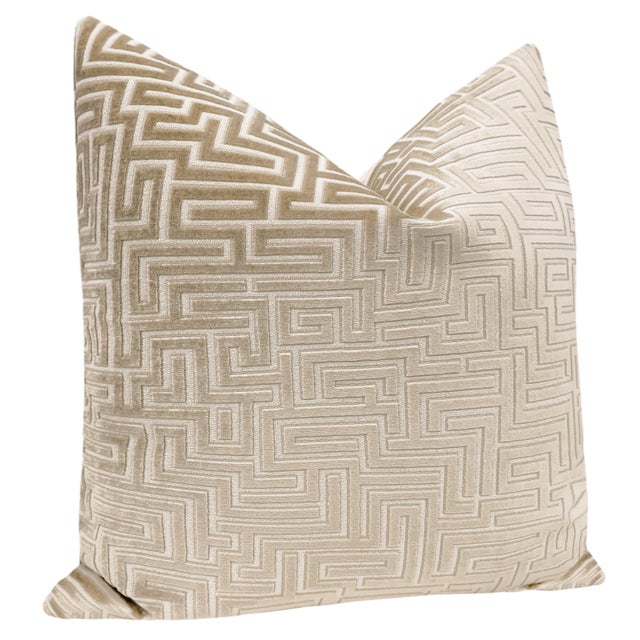 Contemporary 22" Champagne Labyrinth Cut Velvet Pillows - a Pair For Sale - Image 3 of 4