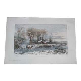 Antique Hendrik Dirk Kruseman Van Elten Winter Evening Snowy Landscape Etching For Sale
