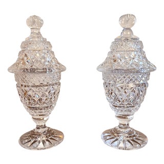 Antique Edwardian Cut Glass Lidded Jars, 1900, Set of 2 For Sale