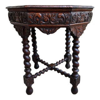 Antique French Octagon Sofa Table Carved Oak Barley Twist Louis XIII Renaissance For Sale