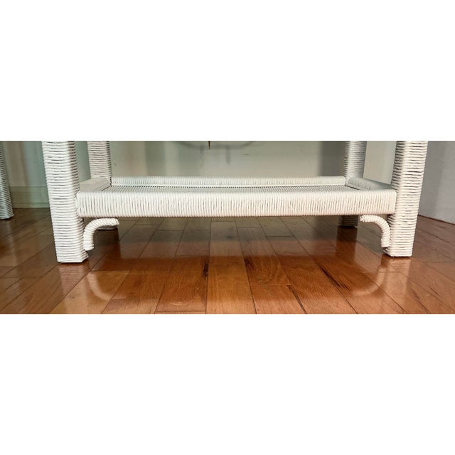 White 70s Vintage Henry Link White Wicker Lighted Etageres Display Glass Shelves - A Pair For Sale - Image 8 of 12