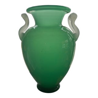 Attributed Stuben Frederick Carder Era Jade Green Art Glass Urn Vase With Handles For Sale