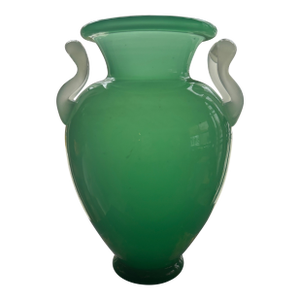 Attributed Stuben Frederick Carder Era Jade Green Art Glass Urn Vase With Handles