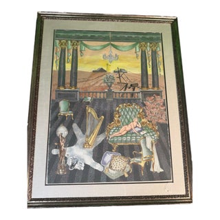 Late 20th Century Surrealist Watercolor and Gouache, Colonnade Interior With Reclining Nude and Desert View For Sale