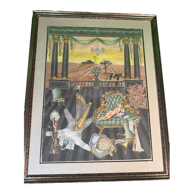 Late 20th Century Surrealist Watercolor and Gouache, Colonnade Interior With Reclining Nude and Desert View For Sale
