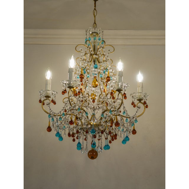 Vintage Florentine 6-Light Chandelier in Gilded Iron with Crystals and Murano Glass Pendants, 1950s For Sale - Image 6 of 14