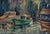 Vibrant watercolor of three fishing boats by Cora Alice Akers Wright (American, 1908-1992). which are anchored in a small...