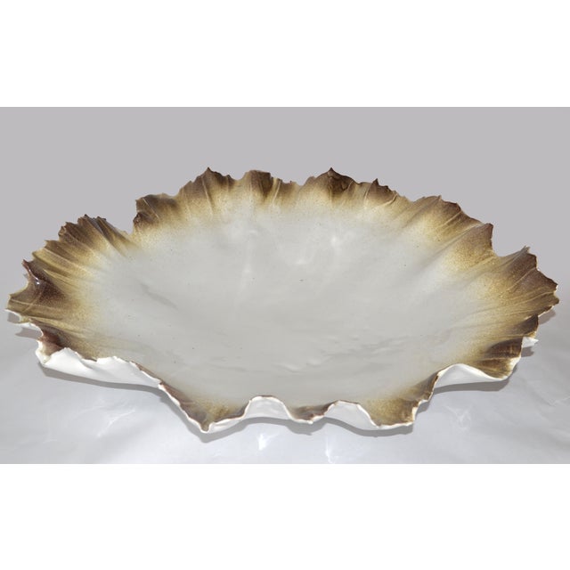 1980s 1980s Signed Coastal Glazed Ceramic Seashell Bowl Centerpiece in White & Sand Color For Sale - Image 5 of 16