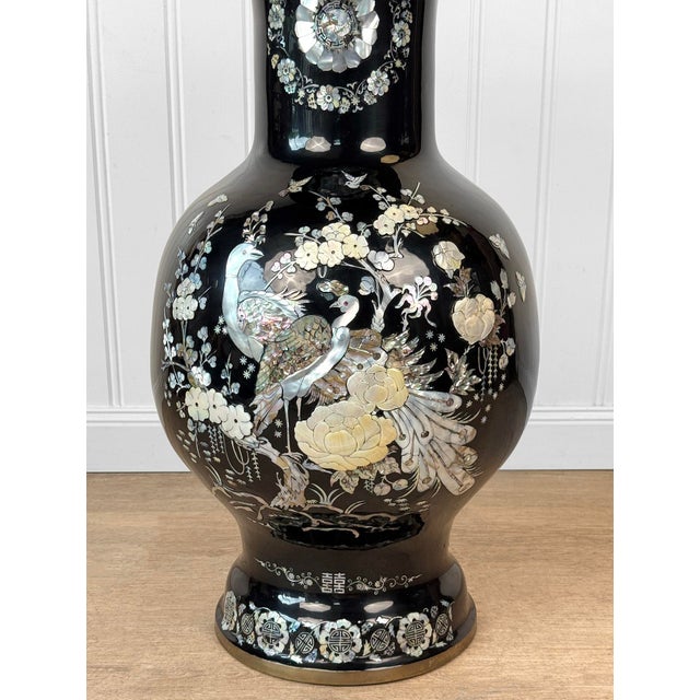 Metal Vintage 28" Chinese Black Enamel Mother of Pearl Peacock Floor Vase For Sale - Image 7 of 9