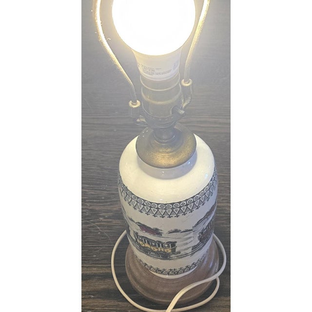 Vintage Transferware Ceramic Table Lamp With Train Motif For Sale - Image 4 of 4