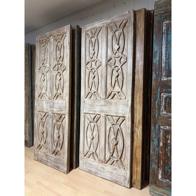 Midcentury Carved Entry Doors in Distressed Wood Architectural Statement Panels 80x30 For Sale - Image 14 of 14