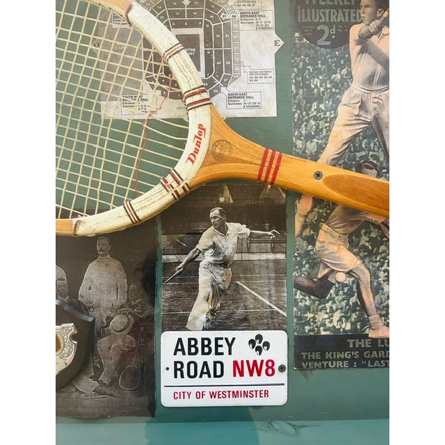 Charming and masculine vintage handmade tennis shadow box featuring bits and bobs of Wimbledon memorabilia such as...
