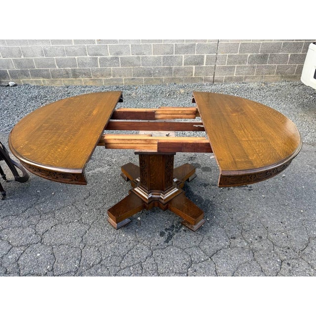 Antique Hand Carved Tiger Oak Pedestal Base Dining Table. For Sale - Image 16 of 17