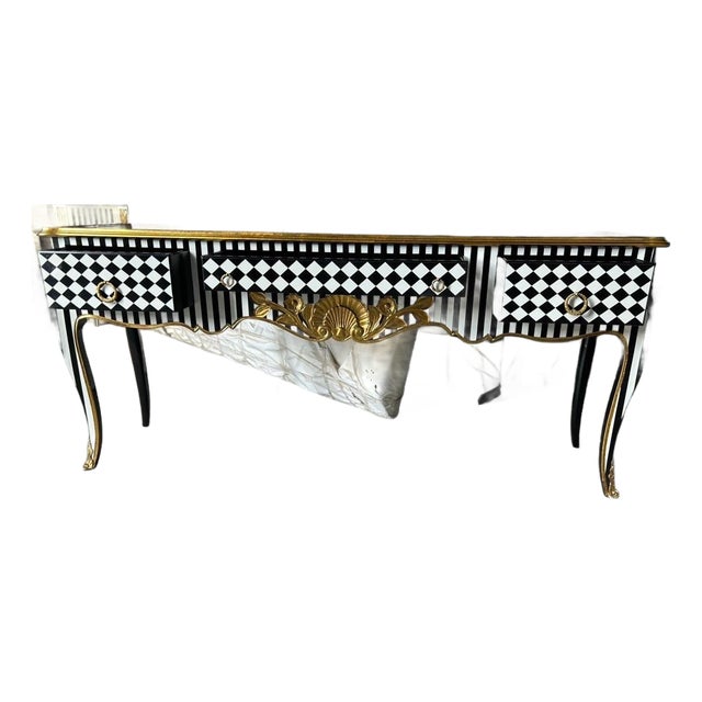 1960s Unique Louis XV Courtly checkered Handmade 3 drawers console Table- Blk|Wht|gld For Sale