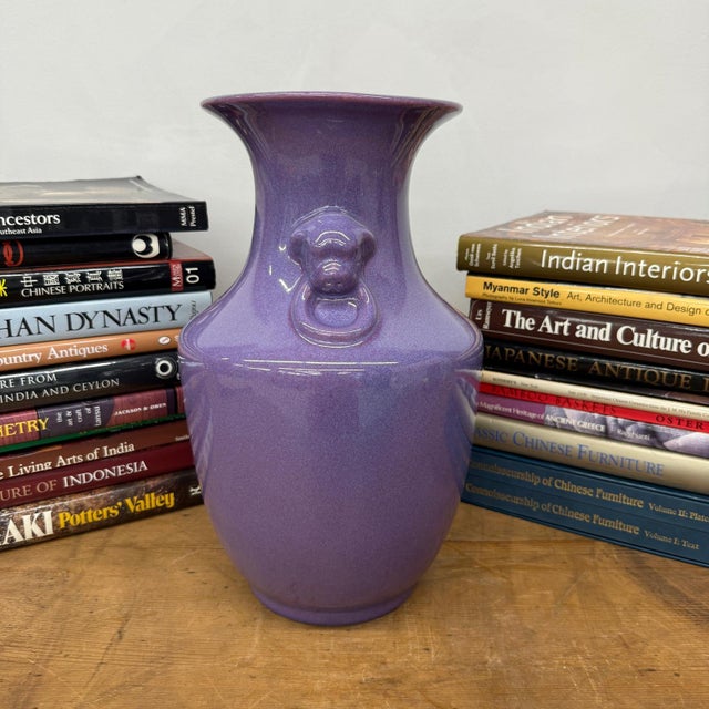 Early 20th Century Purple Ceramic Vase with Twin Lion Handles For Sale - Image 5 of 9