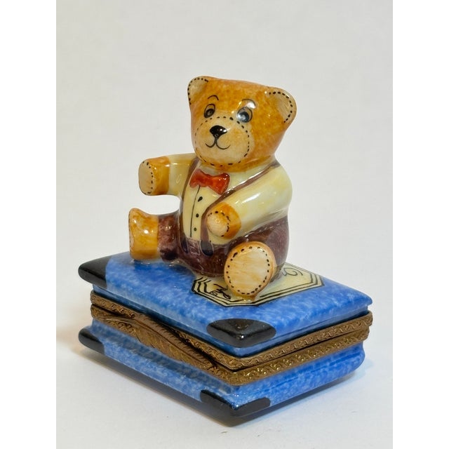 French Provincial Limoges Porcelain Box With Teddy Bear on Book Hand-Painted France For Sale - Image 3 of 12