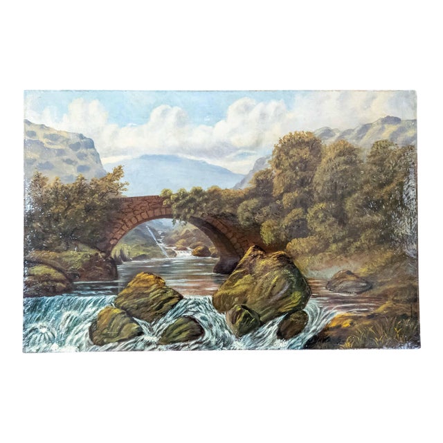 19th Century English Folk Art Landscape Painting of a Bridge Over a Stream For Sale
