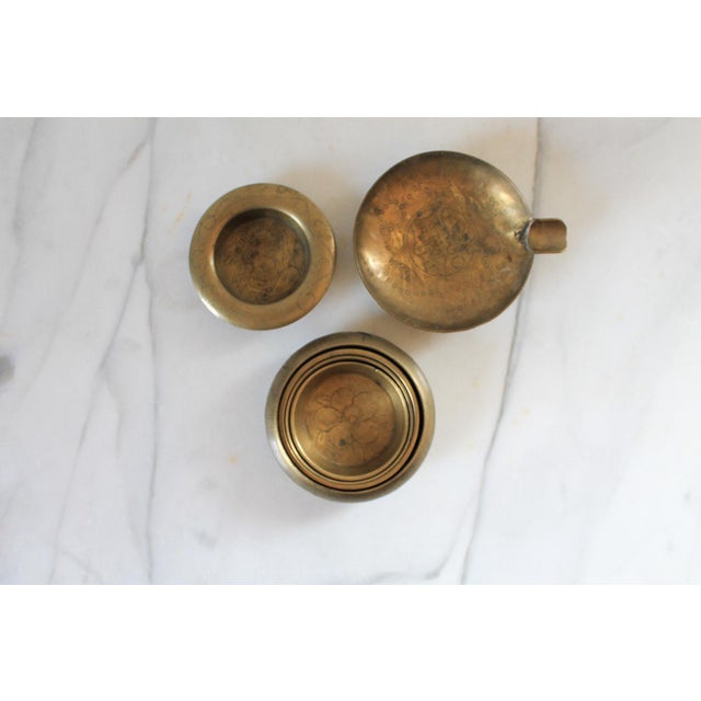 Mid-Century Modern Vintage Chinese Nesting Etched Brass Ashtray Set For Sale - Image 3 of 12