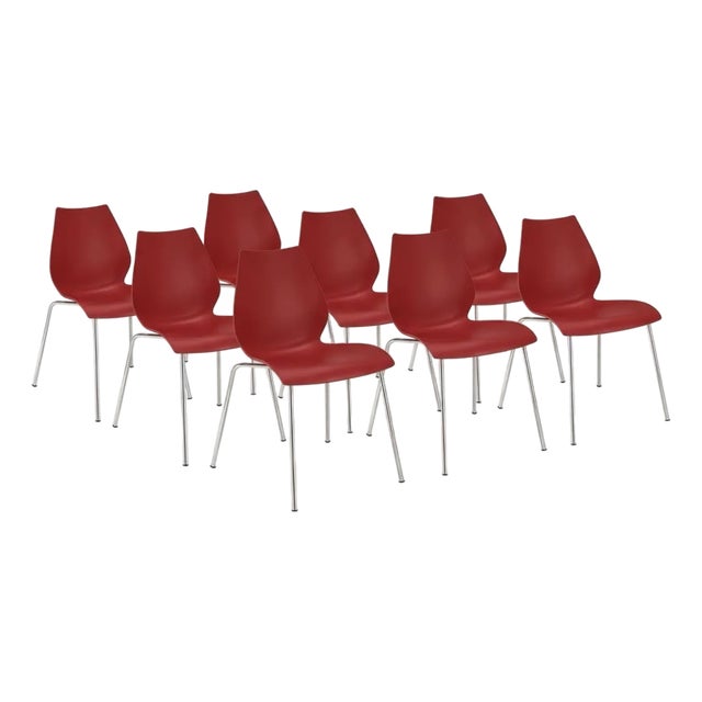 Signed Set 8 Italian Maui Kartell Red Dining Chairs Designed Bu Vico Magistretti For Sale