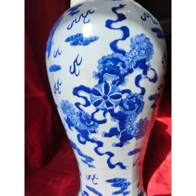Final Clearance 19th Century 24" Shishi Qilin Blue and White Temple Urn Tribute - 24" For Sale - Image 10 of 18